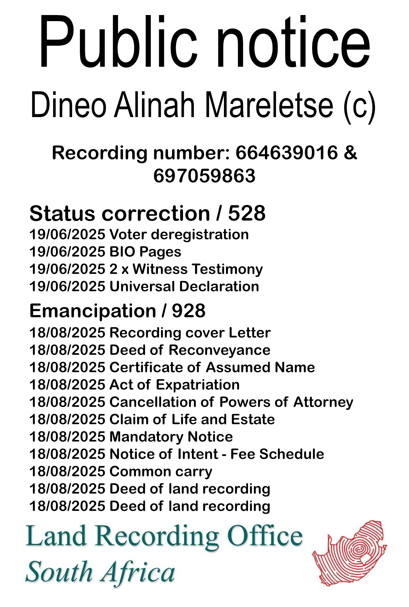 Public notice Dineo Alinah Mareletse (c) Recording number 664639016 & 697059863